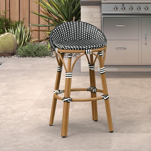 Image of PURPLE LEAF Patio Oversized Backrest Bar Height Stool Set of 1 Outdoor Round Barstools Aluminum Frame in Bamboo Finish Woven Rattan for Indoor Kitchen Dining Bistros Cafe Restaurant Black