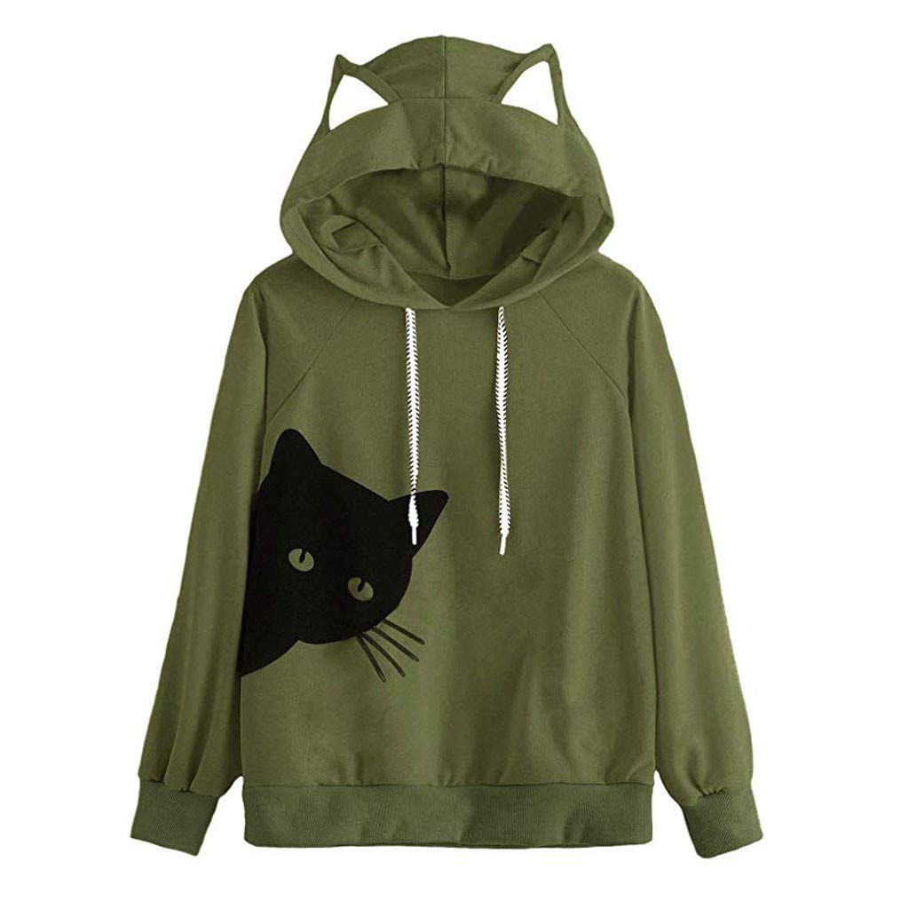 61uourGE Cute Women's Hoodies Long Sleeve Cat Hooded Sweatshirts Blouse Tops S-2XL