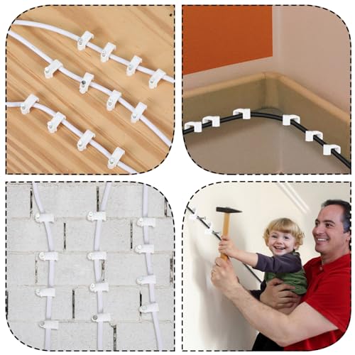 JIEYAO 100 Stück Flache Kabelklemmen Nagelschellen, Kabelklemmen mit Stahlnagel 10 mm Kabelhalter Wand Kabel Befestigungen Cable Clamp Weiß Kabelclips Kabelmanagement für Flachkabel