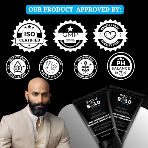 Image of BALD IS BOLD Daily Moisturizer with pH Toner & SPF 30 For Bald & Bold Head | Shaved Head & Bald Head Care| Healing & Protective, Hydrating, Non-Greasy, Lightweight Face & Scalp Cream | Reduces Wrinkles, Fine Lines, Dryness, Razor Bumps | Soothing Post-Shave Care for Bald Head | Anti-Aging & Sun Protection | Infused With Hyaluronic Acid, niacinamide, salicylic acid, Vitamin B5, Vitamin B3, Vitamin E, SPF 30, Witch Hazel,Goji Berry Extracts, Honey Extract, Apple Cider Vinegar, Sea Buckthorn, Shea & Cocoa Butter.100ml