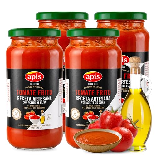 Tomate Frito Apis, Tomate frito Receta artesana con aceite de oliva, Elaborado con tomates de temporada cultivados al sol, Sin Gluten, Producto Español, Contiene 4 Tarros de cristal de 550 gr