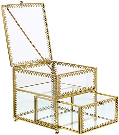 Hipiwe Vintage Glass Jewelry Trinket Box - Geometric Golden Vanity Organizer holder with Drawer, Decorative Jewelry Display Case for Storage Bracelets Necklace Watch Rings