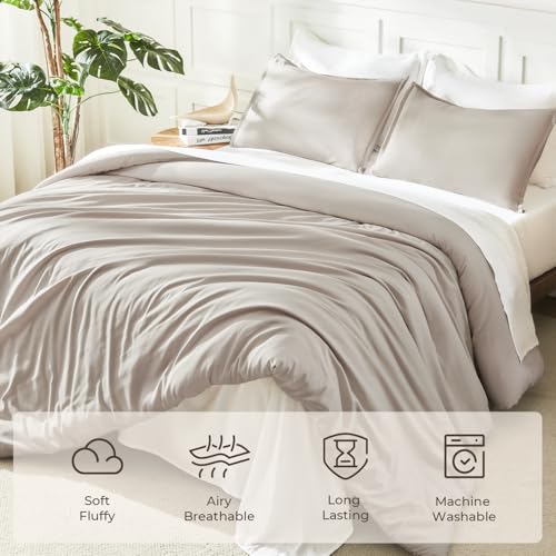 Image of Litanika Linen Grey Comforter Set Queen Size, 3 Pieces Lightweight Solid Bedding Comforter Set, All Season Fluffy Bed Set (90x90In Comforter & 2 Pillowcases)
