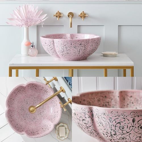 Image of BASSINO 16.5x16.5x5 Inches Designer Moroccan Design Ceramic Tabletop Wash Basin /Matte Pink Floral Art Bowl Sink for Bathroom /Handcrafted Countertop Washbasin for Office /Hotel(Matt)