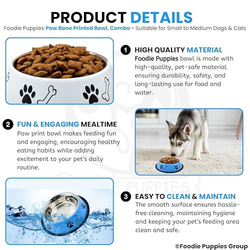 Image of Foodie Puppies Stainless Steel Dog Bowl Combo - (Medium, 700ml) Food and Water Feeding Gift Bowl | Suitable for Dogs, Cats and Other Pets I Paw Bone Print, Anti-Skid Rubber Base (White + Sky Blue)