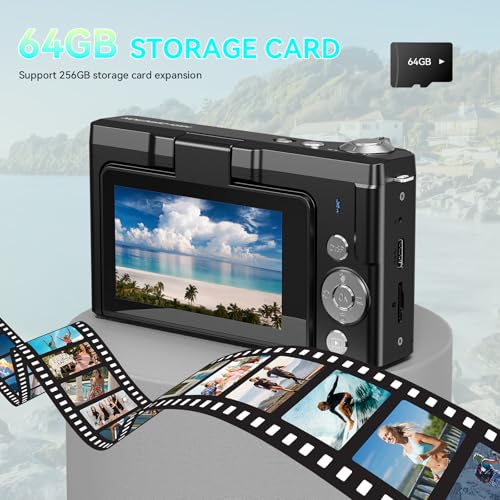 Image of 4K Digital Camera for Photography,64MP Vlogging Camera for YouTube with 3 inch 180 Flip Screen,18X Digital Zoom Point and Shoot Camara with 64GB Micro SD Card (Black)