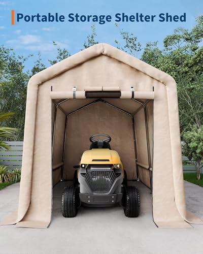 Image of 7X10 Ft Heavy-Duty Portable Outdoor Storage Shed with Roll-Up Door & Vent, 240g Waterproof PE Tarp & UV Protection, Carport Storage Shelter for Motorcycles, Firewood, Garden Tools - Khaki