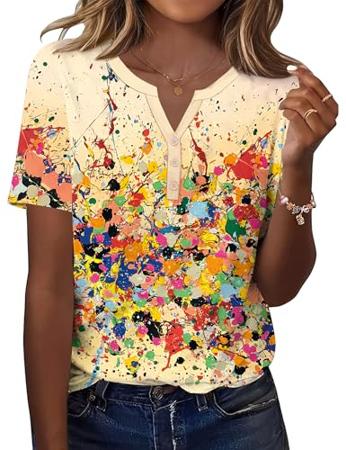 Kistore Bluse Damen V-Ausschnitt Kurzarm Shirt Damen Sommer Festliche Blusen Top Lässig Locker Tunika Oberteile Basic Kleidung Buntes Muster XL