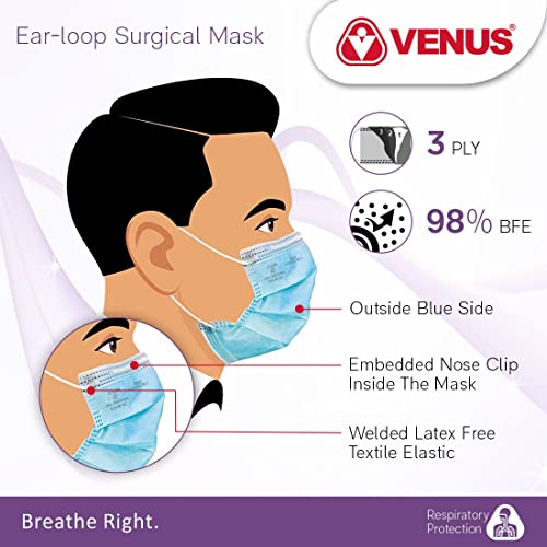 Image of VENUS - V-1010-3 Ply Surgical Face Mask - ISI Certified, Disposable, Anti-Pollution & Bacterial Filtration for Medical, Hospital & Daily Use - Blue - Pack of 50