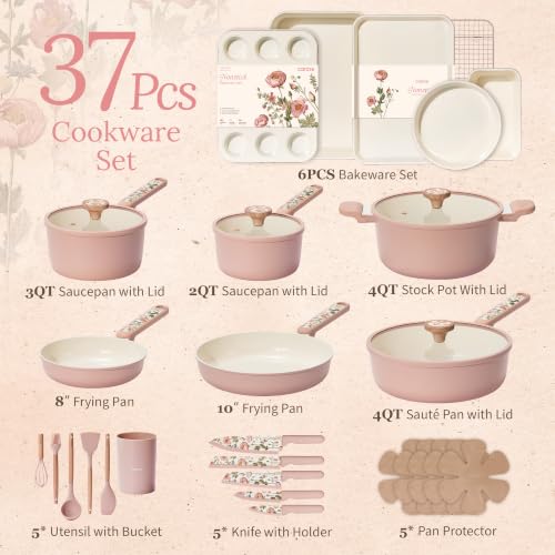 CAROTE 37pcs Ceramic Cookware Set, Nonstick Pots and Pans Set