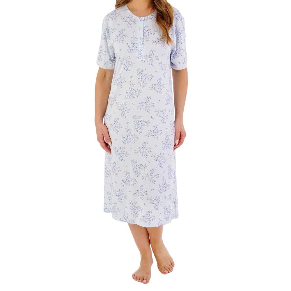 Slenderella Bamboo Cotton Short Sleeve Buttoned Top 42 Inch Nightdress (20/22, blue)