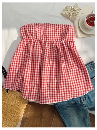 OYOANGLE Women's Plaid Print Bandeau Top Strapless Ruffle Flowy Hem Cute Peplum Tube Tops3