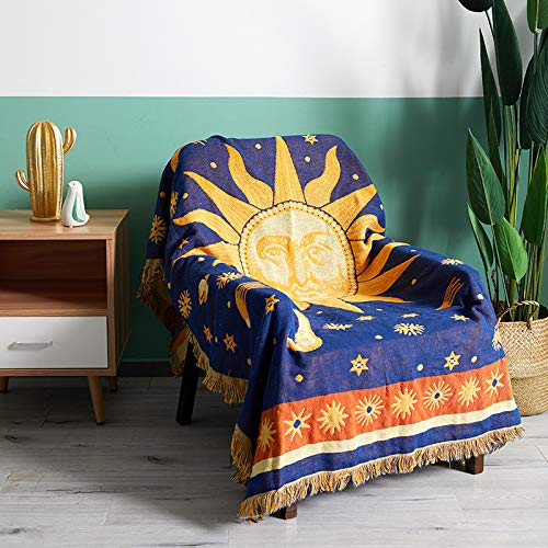 Maynest Sun And Moon Stars Hippie Throw Blanket Celestial Tapestry Double-Sided Reversible Woven Cotton Home Decor Bedding Chair Couch Recliner Cover Loveseat Rug Oversized Tassels Blue Yellow (71X51) #TOP3