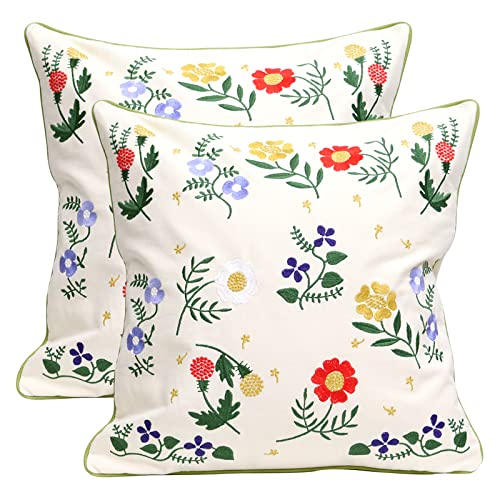Pilmandu Set of 2 Embroidered Decorative Throw Pillow Covers Couch Square Pillowcases Cushion for Bedroom Sofa Farmhouse Decor 18x18 Inch (Flower-C)