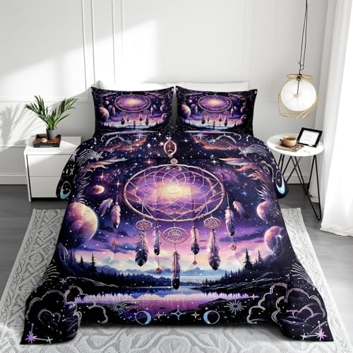 Dream Catcher Twin Size Comforter Set,Purple Boho Dream Catcher Quilt Set Soft Bed Collection,Galaxy Bohemian Feather Print Bedding Comforter for Boys Girls Room Decor,2 Pcs
