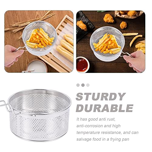 MyrRhe Cestino per Patatine Fritte in Acciaio Inossidabile - Cestello per frittura Durevole con Cucchiaio per Spaghetti - Strumento da Cucina per Patatine croccanti - Argento, 27x12 cm