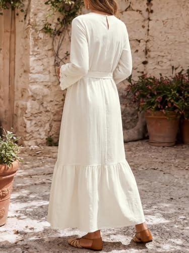 Image of LYANER Women's Tie Waist Crew Neck Casual Maxi Dress
