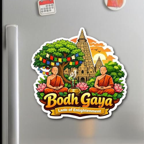 Image of Spiritual Bodh Gaya Fridge Magnet | Bodh Gaya Souvenir Refrigerator Magnet | Wooden Decorative Fridge Magnet for Home, Kitchen & Office | Travel Gift, Buddhist Gift | 3x3 Inch | Pack of 1