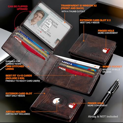 Image of Wallet for Men Slim RFID Blocking Bifold Carbon Fiber,Minimalist Small Compact Front Pocket Credit Card Holder,Thin Mens Leather Wallets Smart Security With 2 ID windows 1 Cash (Retro Black & Brown)