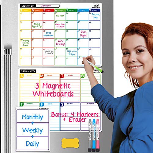 MASON WEST Magnetic Dry Erase Calendar For Refrigerator | To-do List magnetic calendar for refrigerator | Fridge Calendar Whiteboard | Monthly Weekly Daily Notes | 4 Fine Point Markers & Eraser Set