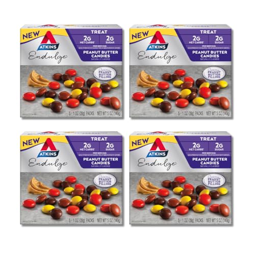 Atkins Endulge Treat, Peanut Butter Candies, 2g Net Carbs, 2g Sugar, Creamy Peanut Butter Filling, Low Carb, Low Sugar, 4 Packs (5 Count Each)