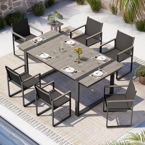 Image of Outdoor Dining Set, 7 Piece Aluminum Patio Furniture Set | Weather Resistant Outdoor Table and Chairs, HDPS Tabletop with Umbrella Hole, Textilene Mesh Chairs