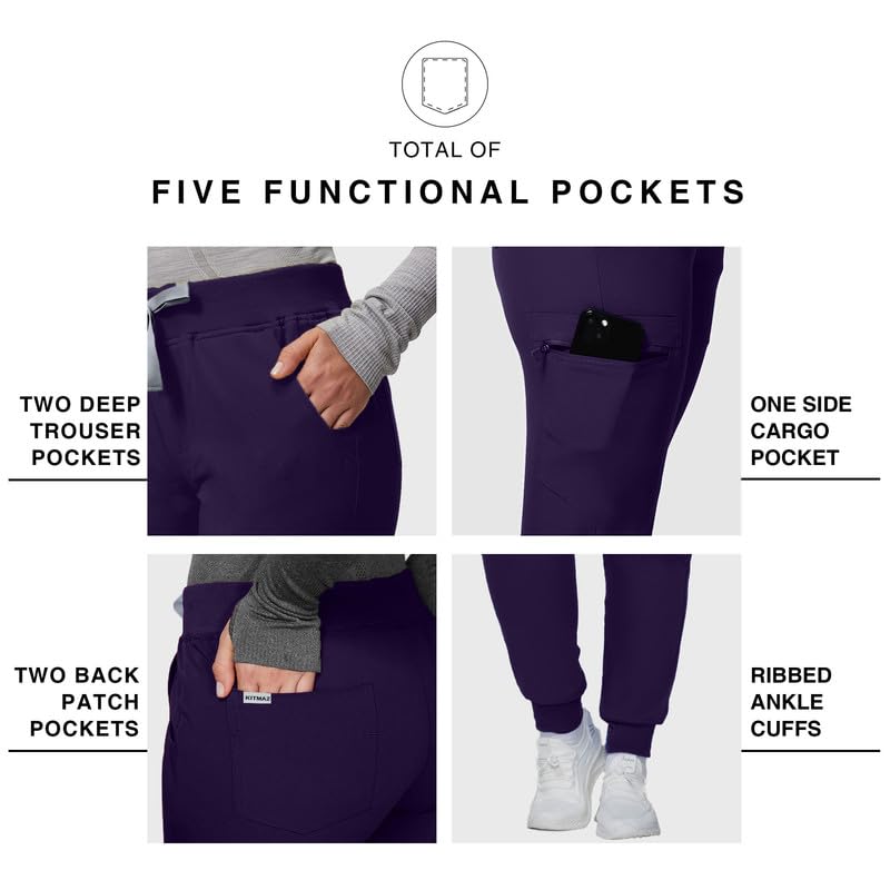 Image of Kitmaz Scrub Pants for Women - Mid Rise 4-Way Stretch Anti-Wrinkle Slim Fit Jogger Pants, Drawstring & 5 Pockets