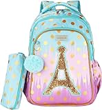 SARHLIO Kids Backpack with Pencil Case, Glitter Galaxy Elementary School Girls School Bag Large 16 Inch Bookbag with Letter A Sparkling Sequin Tower Design