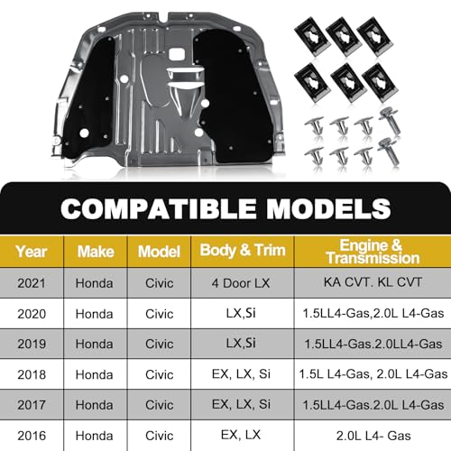 Image of 74110-TBA-A00 Lower Engine Splash Guard Under Car Shield Cover Board for Honda Civic 2016 2017 2018 2019 2020 2021, Front Centre Underbody Shield | with 90674-TY2-A01 Pins and 90105-TBA-A00 Bolts