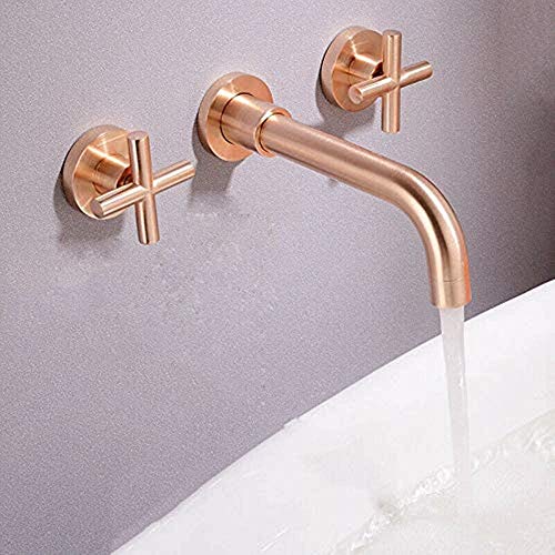 Delnet Grifo para lavabo de baño, latón de lujo, doble mango, montado en la pared, giratorio oculto, con válvula mezcladora caliente y fría, oro rosa cepillado Cover