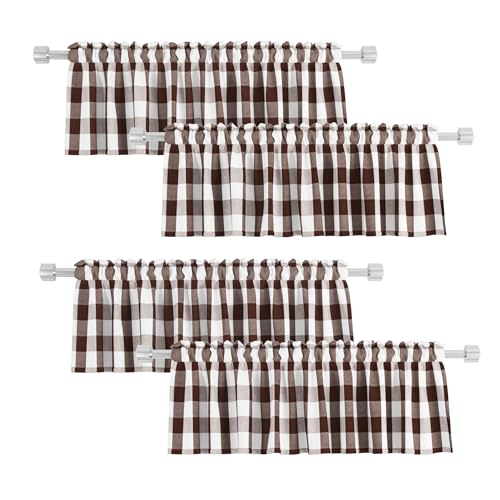 4 Pieces Buffalo Check Valances for Windows Living Room 16 inches Long Classic Gingham Plaid Bedroom Bathroom Rod Pocket Country Farmhouse Kitchen Window Curtain Valances Coffee Brown & White