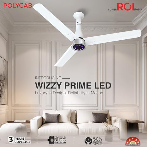 Image of Polycab Wizzy Prime 1200mm BLDC Ceiling Fan with remote|BEE 5 Star Rated, Higher Air Delivery|LED Indicator,Reverse,Boost,Sleep and Breeze Mode |3 Years Warranty (Matt White)