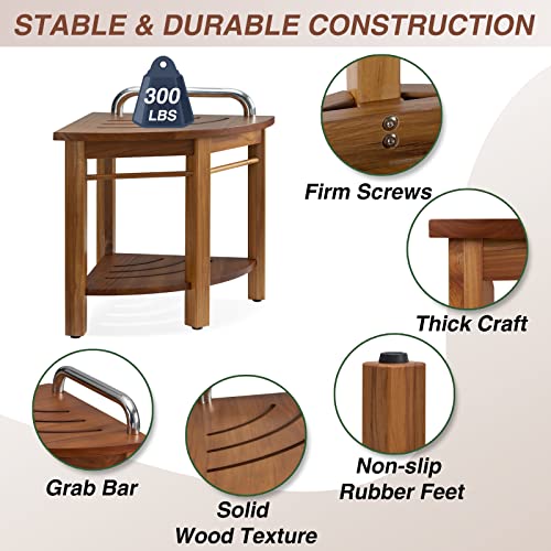 Lovitgo 17" Teak Shower Stool For Shaving Legs/Corner Shower Bench For Inside Shower/Shower Foot Rest/Waterproof Wooden Shower Foot Stool With Shelf And Handle, Indoor Or Outdoor Use #TOP4