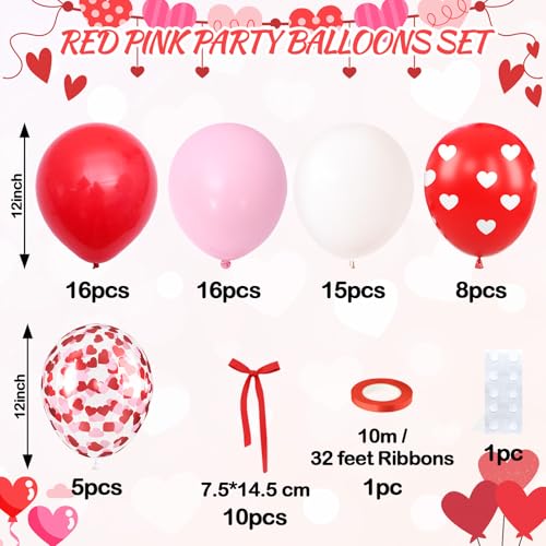 Image of 60 Pcs Pink and Red Balloons, 12 Inch Red Heart Printed Latex Balloon, Pastel Pink White Helium Balloons with Bow Ribbon, for Valentine's Day Wedding Anniversary Baby Shower Birthday Party Decoration