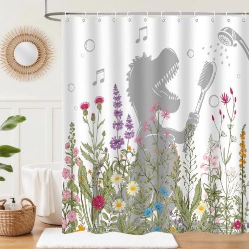 Image of Dinosaur Shower Curtain Funny Dino Sing Bathe Behind Wildflowers Trex Silhouette Shadow for Kids Bathroom Home Decor Waterproof Polyester Fabric 72Lx60W Inch with Hooks