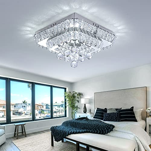 Redstar 16" Bright Led Chandelier Flush Mount With Remote Control, Any Warm/Natural/White Color Temp & Brightness Adjustable, Modern Crystal Ceiling Light For Bedroom Dinning And Living Rooms #TOP1