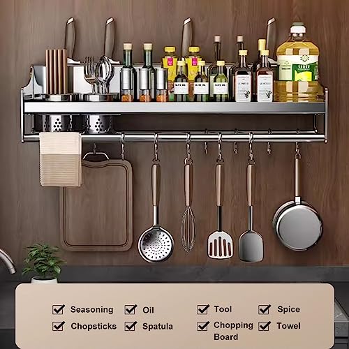 Étagère à épices murale de 70 cm avec crochets - Facile à installer - Rangement polyvalent à suspendre pour casseroles et poêles - Solution pour les petites cuisines