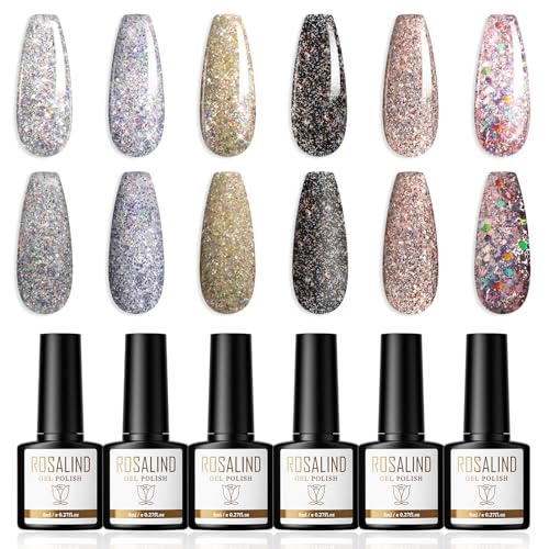 ROSALIND Semipermanente Unghie Glitter 6 Colori Smalto Semipermanente Argenteo Blu Nero Rosa Smalti Semipermanenti Gel Nail Polish Soak Off UV LED Nail Art per l'autunno e l'inverno, 8ml