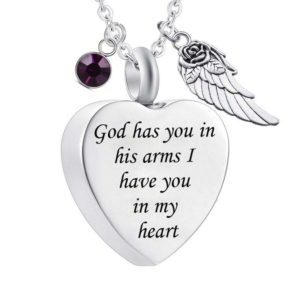 God has You in his arms with Angel Wing Charm Cremation Ashes Jewelry Keepsake Memorial Urn Necklace with Birthstone Crystal