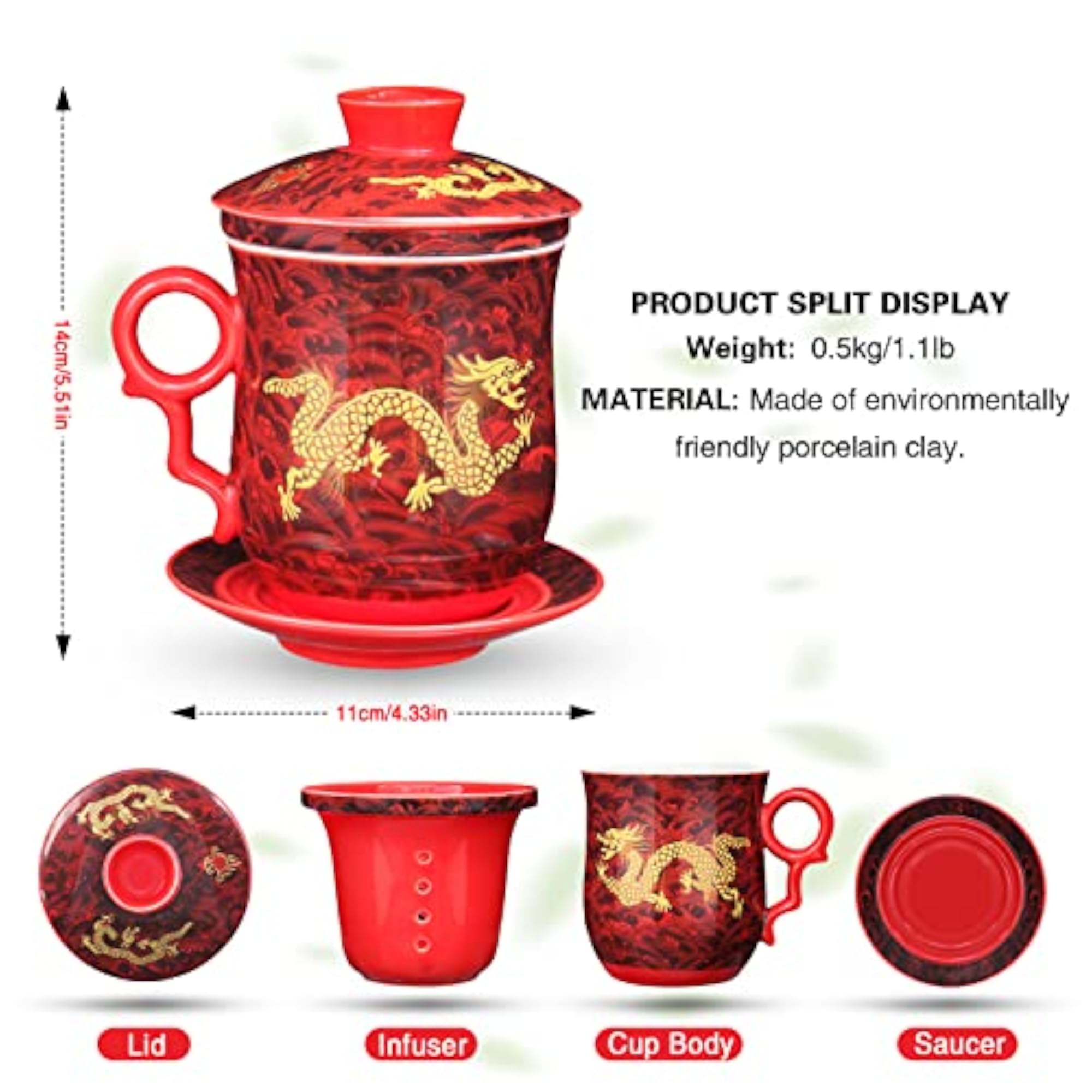Chinese Dragon Tea Mug with Strainer Infuser, Lid and Saucer