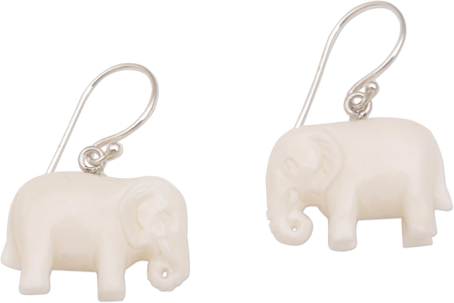 NOVICA Artisan Handmade Bone Dangle Earrings Sleek Cow Carved Elephant with Silver Hooks Sterling Indonesia Animal Themed [1.1 in H x 0.8 in W x 0.3 in D] ' White Elephant'