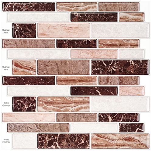 Laywvco 10-Sheet 3D Peel and Stick Marble Look Tile Stickers, Self Adhesive Wall Tiles, Stick on Tile Splashback for Kitchen & Bathroom (Red)