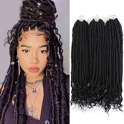 6 Pcs 16'' Goddess Faux Locs Crochet Hair Black Goddess Locs Crochet Hair with Curly Ends Pre Looped Synthetic Dreadlock Faux Locs, 144 Strends, 420g
