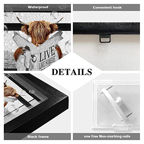 Highland Cow Bathroom Decor Wall Art Black And White Farmhouse Bathroom Wall Decor Cow Pictures Canvas Print Artwork Cow In The Toilet Funny Bathroom Decor Handmade Black Vintage Wood Framed 12"X16" #TOP1