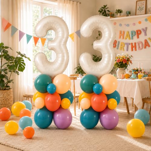 Image of 40 Inch Boho Rainbow Number 3 Balloon Tower for 3rd Birthday Decorations