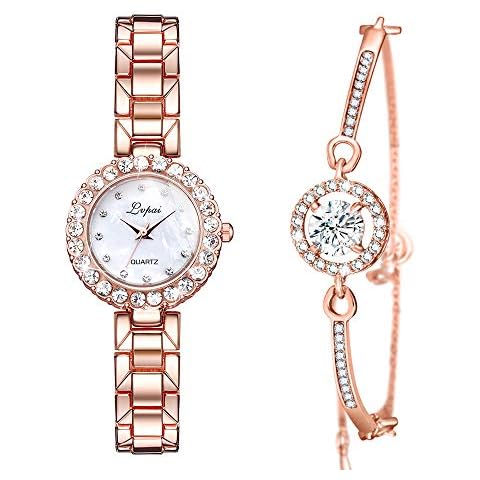 Lady Watches with Bracelet, ManChDa Women Watches Set, Analogue Quartz Diamond Watches with Stainless Steel Strap for Women, Lady Rhinestone Wrist Watch+Jewelry Cuff Bracelet Set(Rosegold) Cover