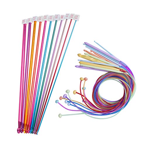 23 Pieces Tunisian Crochet Hooks Set, 12 Bamboo Crochet Hooks 3.0MM(D) -10.0MM(N) and 11 Tunisian Afghan Aluminum Knitting Needles Set (2mm to 8mm) (Plastic Crochet Hooks)