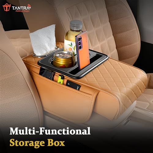 Image of TANTRA Premium Car Armrest Cushion Organizers, 5-in-1 Center Console Cover with 2 Storage Bags Cup Holder, Tissue Box Slot, Phone Slot for Sedans, Car Accessories Interior Organizers (Tan)