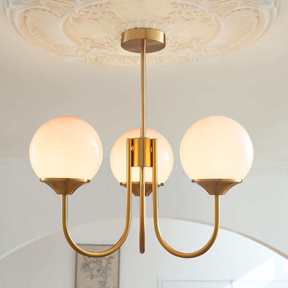 ACLBLK 3-Lights Milk Glass Globe Chandelier for Dining Room Mid Century Pink Chandelier White Gold Ceiling Pendant Light Farmhouse Hanging Lamp for Living Room Girls Bedroom Foyer Kitchen