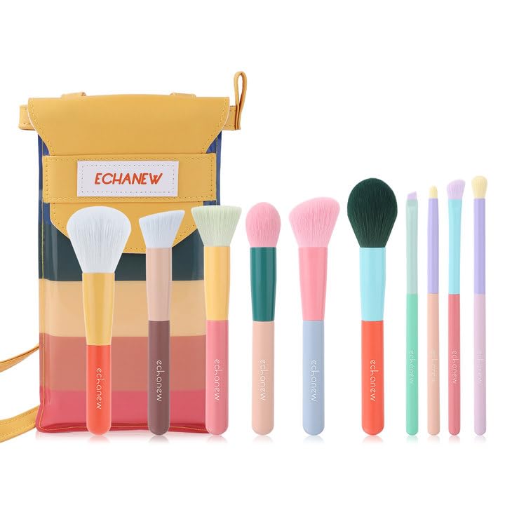 Echanew Makeup Brushes Set, 10Pcs Colorful Makeup Brush Set Premium Gift Synthetic Foundation Powder Brush Eyeshadow Brush with Travel Bag